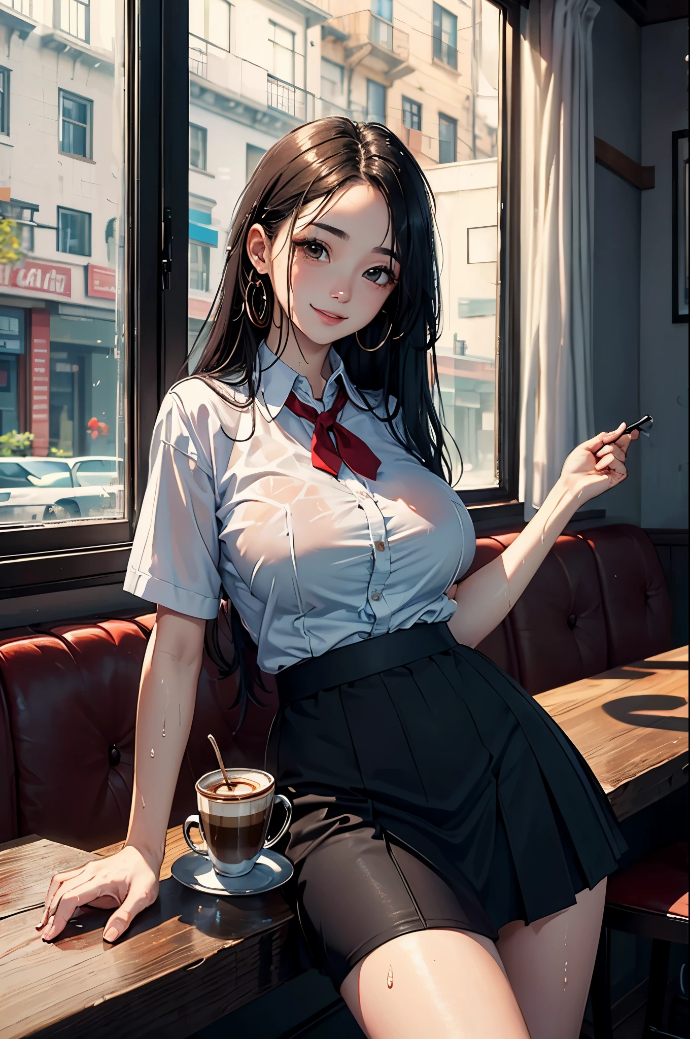 (masterpiece:1.4)、(highest quality:1.4)、ultra high resolution、beautiful features、20 year old woman、black long hair、brown eyes、white collared shirt、a little wet、skirt、(huge breasts:1.2)、red face、smile、Cafe、rain outside the window、coffee、sit、looking away