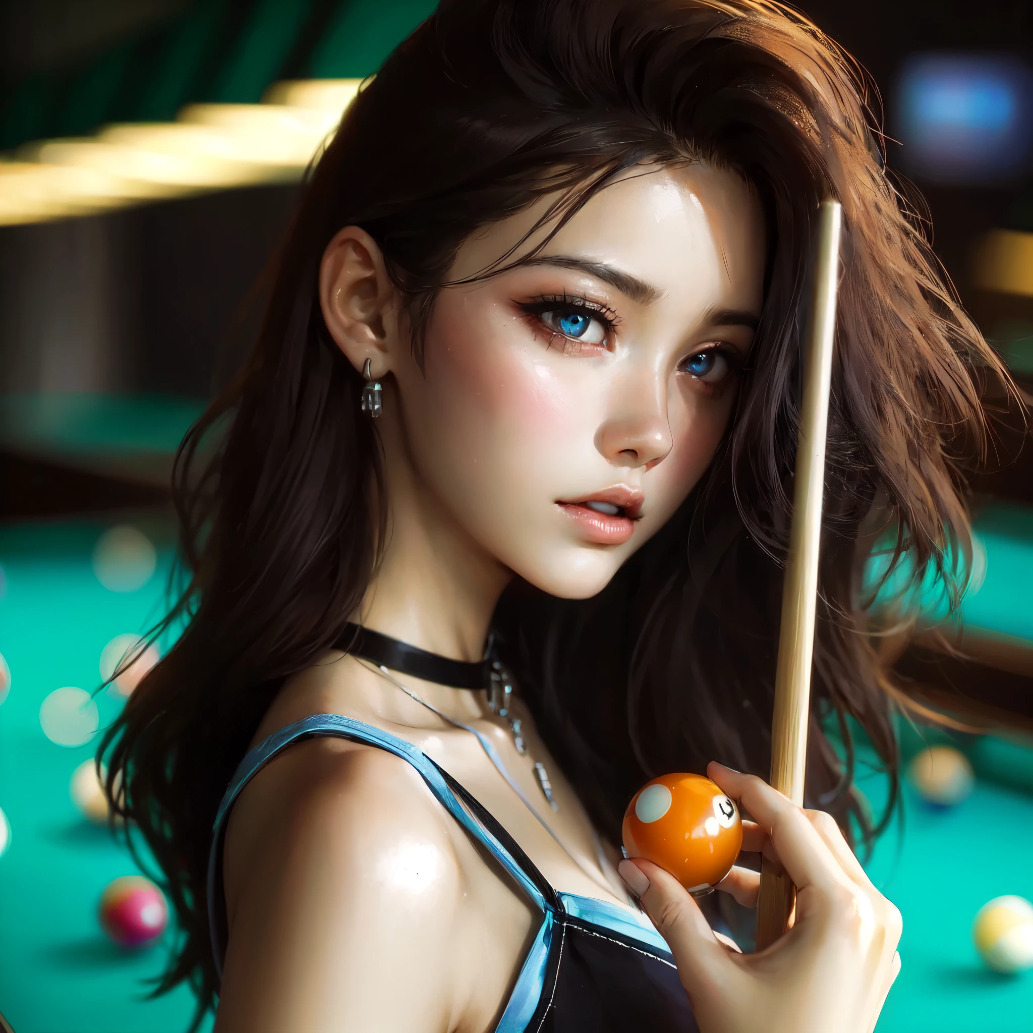 high quality,hd,16k,sharp line,1girl,female billiard athlete ,cute face, large breasts, trained abs, nice legs, sweat,in billiard venue,focus girl,detailed beautiful face,detailed clothes,beautiful eyes,pretty,dynamic angle