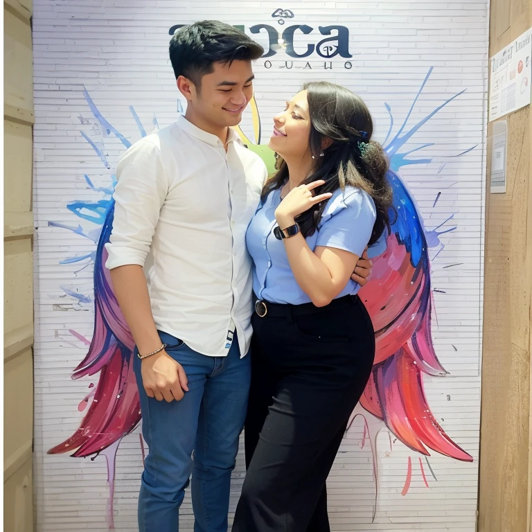 they are posing for a picture in front of a wall with a painting of a bird, couple pose, full body photogenic shot, lovely couple, by John Luke, taken with sony alpha 9, taken with canon 8 0 d, happy couple, taken with a canon dslr camera, angel-themed, very artistic pose, by Ingrida Kadaka, edited