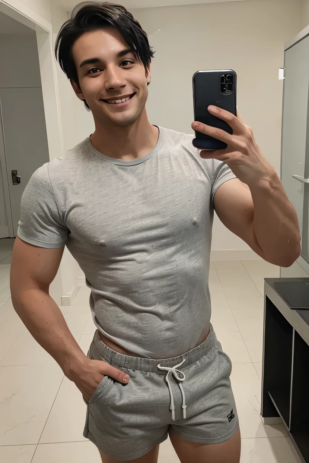 a young scottish man with black hair, He has a friendly and welcoming smile with light facial scruff. His eyes are bright, and he seems to be looking directly at the camera taking a selfie with a playful and engaging expression. The man's skin is fair, and the background is of a gym his body build is slim He is wearing what appears to be a dark-colored shirt and shorts showing his toned legs, and overall, he gives off a relaxed and cheerful vibe.