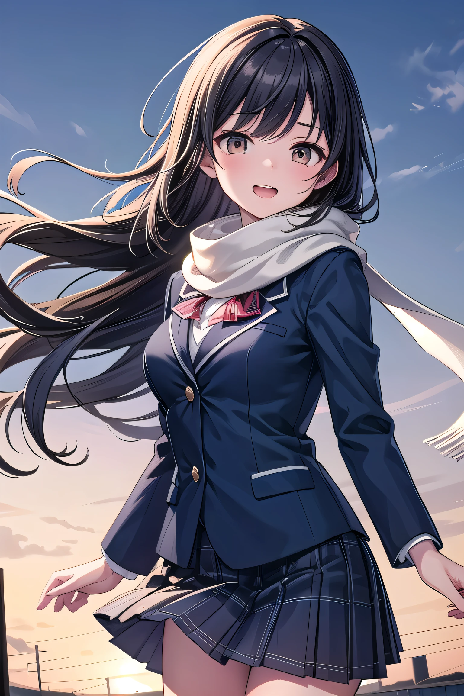solo girl,cowboy shot, 20-year-old, long hair,looking at the viewer, black hair, brown eyes, Medium chest, Happy,fluffy scarf,,dark blue pleated skirt, dark blue blazer,Flowing wind,moan, outdoor, School, highest quality, High resolution, very detailed, detailed background, perfect lighting