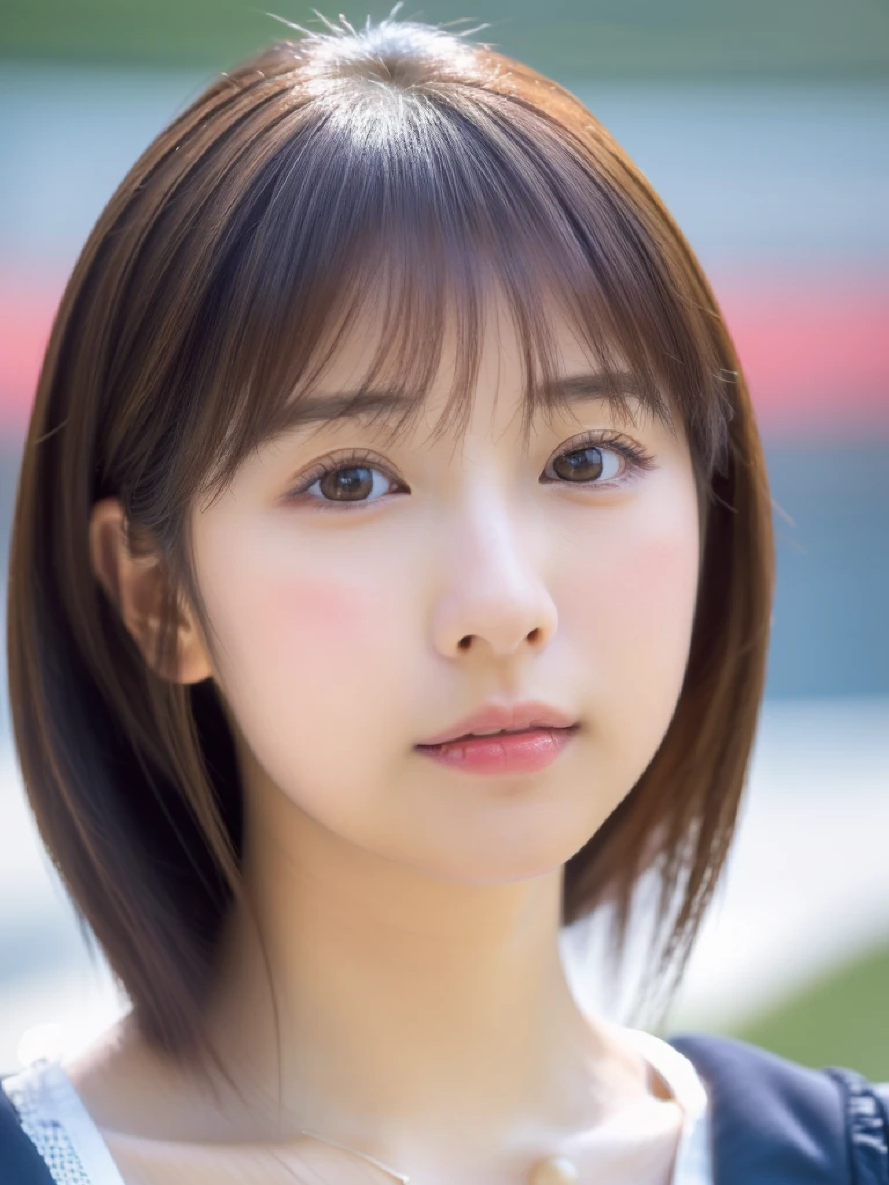 ((cute日本の女の子、beautiful japanese girl、1 girl、clear、19 years old、ponytail、Highly detailed face and skin texture、refinement、super detailed face、highly detailed eyes、Lee Hong、blush、cheek、ピンクのcheekを塗ったcheek、close-up of woman、 from the neck up、 Close to the camera、 positive face、Forward-facing body、look at the camera、front、cute、smooth white skin、Transparent skin texture、))、(dark brown hair、bangs)、beautiful woman with perfect style：1.4、japanese model、young gravure idol、若いcuteグラビアアイドル、Realistic young gravure idol、refinementされたグラビアアイドル、((highest quality、8K、masterpiece:1.3、１photograph))、(4K、RAWphotograph、highest quality)、(realistic、フォトrealistic:1.37)、Place someone on the other side of the screen、Natural light、professional lighting、