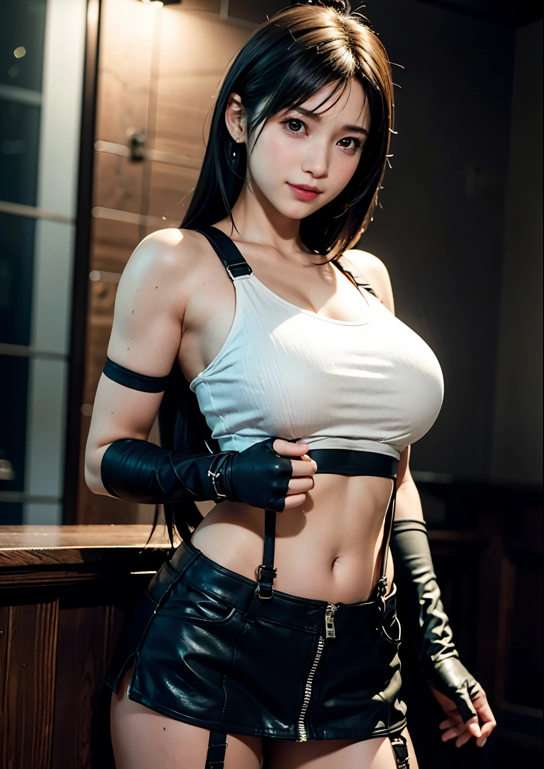 (Photorealistic: 1.4), top quality, very delicate and beautiful, high resolution, 1girl, tifa_lockhart, smile, cowboy shot, suspenders, low rise, mini skirt, tank top, tense shirt, black hair, long hair, elbow gloves, beautiful detailed red eyes, face light, movie lighting, navel, high exposure, abdomen exposure, ribs, abs, ( gigantic breasts: 1.2), dynamic poses, dynamic angles,