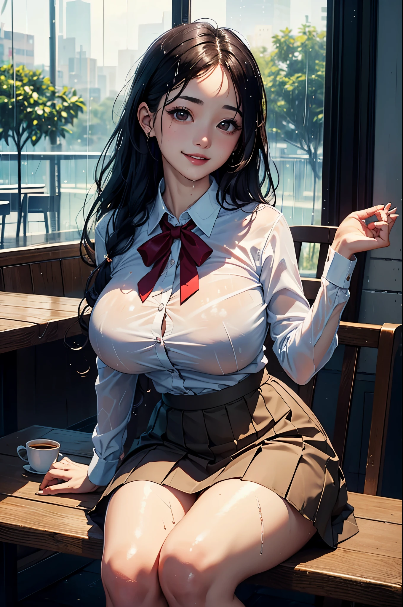 (masterpiece:1.4)、(highest quality:1.4)、ultra high resolution、beautiful features、20 year old woman、black long hair、brown eyes、white long sleeve collared shirt、a little wet、skirt、(huge breasts:1.1)、red face、smile、Cafe、rain outside the window、coffee、sit、looking away