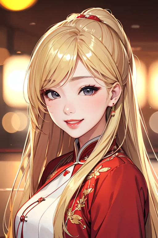 1 girl,Beautiful Korean fashion model bokeh train,(masterpiece, detailed background, highest quality),long and shiny hair,blonde hair,grin,juicy lips,red lips,