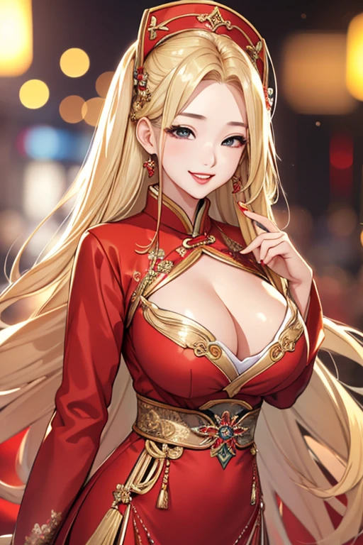 1 girl,Beautiful Korean fashion model bokeh train,(masterpiece, detailed background, highest quality),long and shiny hair,blonde hair,grin,juicy lips,red lips,