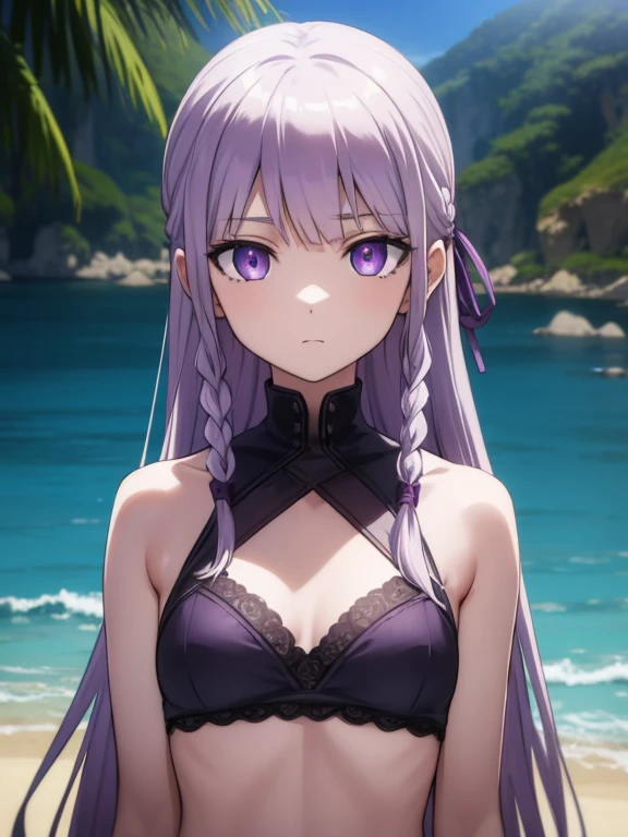 kyokokirigiri, kyoko kirigiri, (braid:1.1), hair behind ear, long hair, (side braid:1.1), light purple hair, hair ribbon, ribbon, (purple eyes:1.1), (small breast:1.2),
BREAK bikini,
BREAK outdoors, beach,
BREAK looking at viewer, 
BREAK (masterpiece:1.2), best quality, high resolution, unity 8k wallpaper, (illustration:0.8), (beautiful detailed eyes:1.6), extremely detailed face, perfect lighting, extremely detailed CG, (perfect hands, perfect anatomy),