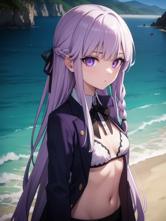 kyokokirigiri, kyoko kirigiri, (braid:1.1), hair behind ear, long hair, (side braid:1.1), light purple hair, hair ribbon, ribbon, (purple eyes:1.1), (small breast:1.2),
BREAK bikini,
BREAK outdoors, beach,
BREAK looking at viewer,
BREAK (masterpiece:1.2), best quality, high resolution, unity 8k wallpaper, (illustration:0.8), (beautiful detailed eyes:1.6), extremely detailed face, perfect lighting, extremely detailed CG, (perfect hands, perfect anatomy),