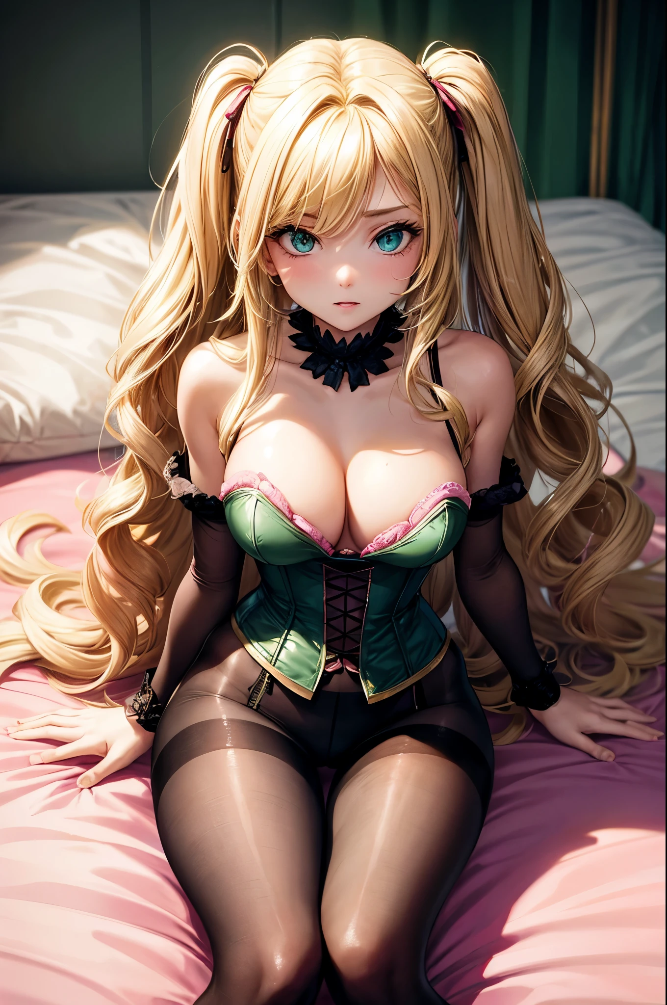 One sexy girl portrait from the legs, perfect green eyes, blonde hair, long hair, skinny body, 18 years old, big boobs, pink corset and lingeries, pantyhose,