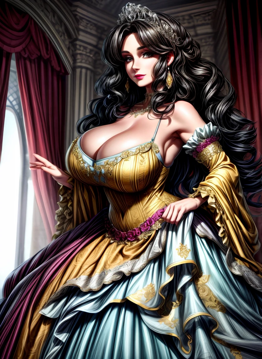 Irish woman, milf, mature, curly hair,black hair, high cheekbones, glossy lipstick, white pale skin, tall, curvaceous, small waist, big hips, hip dips, large breasts, big breasts, sagging breasts, looking at viewer, Best quality, 8k, Masterpiece, realistic, photorealistic, (gigantic breasts:1.2),wearing beautiful embroidery and jeweled ruffled gorgeous princess ballgown with voluminous full length hoop skirt,
princess in a beautiful embroidery and jeweled rococo princess ballgown with voluminous full length hoop skirt,super detailed gorgeous princess ballgown with voluminous full length hoop skirt,jeweled Gorgeous rococo princess ballgown with long train,jeweled Gorgeous rococo princess ballgown with long train,gorgeous rococo princess ballgown with beautiful embroidery and jeweled, detailed eyes, brown eyes, blue and yellow dress