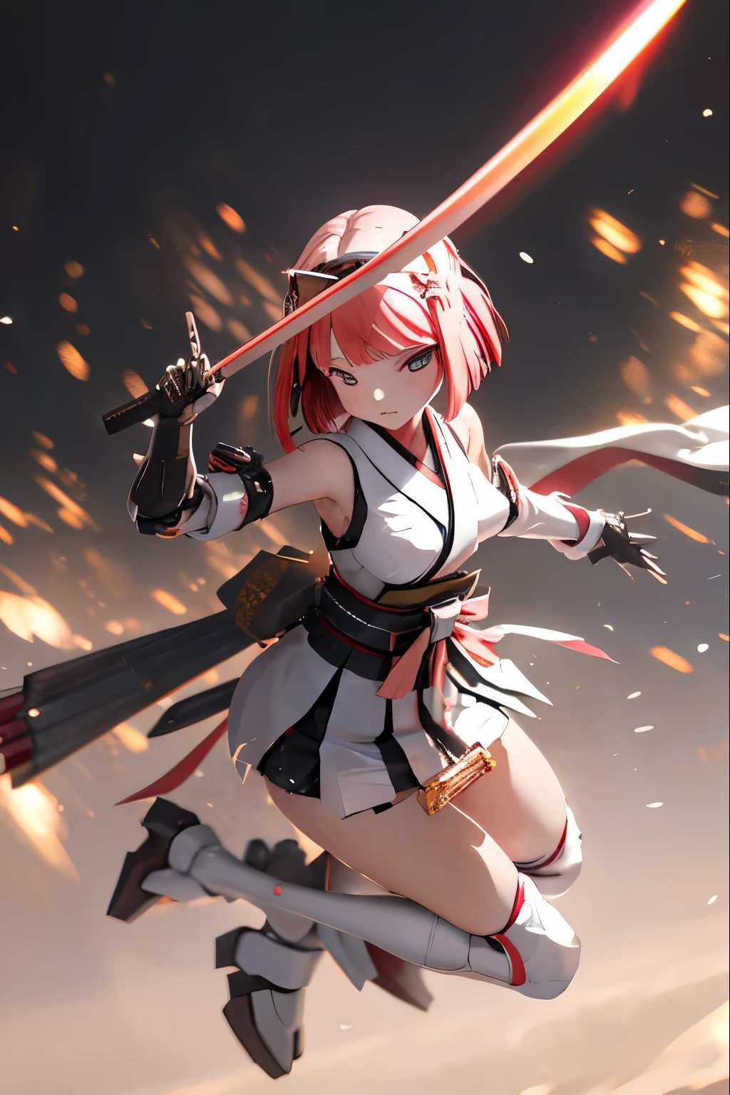 (highest quality)), ((masterpiece)), (very detailed: 1.3), 3D, {(japanese young girl)}, white theme, japanese girl wear shrine maiden anime costume, wears a futuristic Gundam mecha,(Gundam), with headgear, with v-fin , armored shoulders,armored under arms, armored under legs, (ware a scarlet hakama:1.2), multilayer textureperfect proportions, octane rendering, duotone lighting, Low ISO, wide aperture, White balance, Rule of thirds, ultra HD16k, HDR (High Dynamic Range), Ray Tracing, NVIDIA RTX, Super Resolution, Subsurface Scattering, PBR Texturing, Post Processing, Anisotropic Filtering, Depth of Field, Maximum Clarity and Clarity, High efficiency subpixel, subpixel convolution, particles of light, light scattered, Tyndall effect, full body:1.5, battle pose, cute, (cute:1.2), (bob cut:1.3),三つ編み, 黒髪, 太い眉毛, 薄い色の虹彩, 大きくて輝いている黒い瞳, 長いまつげ, 小さく薄い色の自然な唇, (Average face of Japanese idols), (日本人特有の童顔:1.3), (), 広いおでこ:1.2, ふっくらした頬, 小さな顎, visible side boob, (holding a shining Japanese sword:1.5), broken streets, Broken City, looking at viewer,Focus on the eyes
