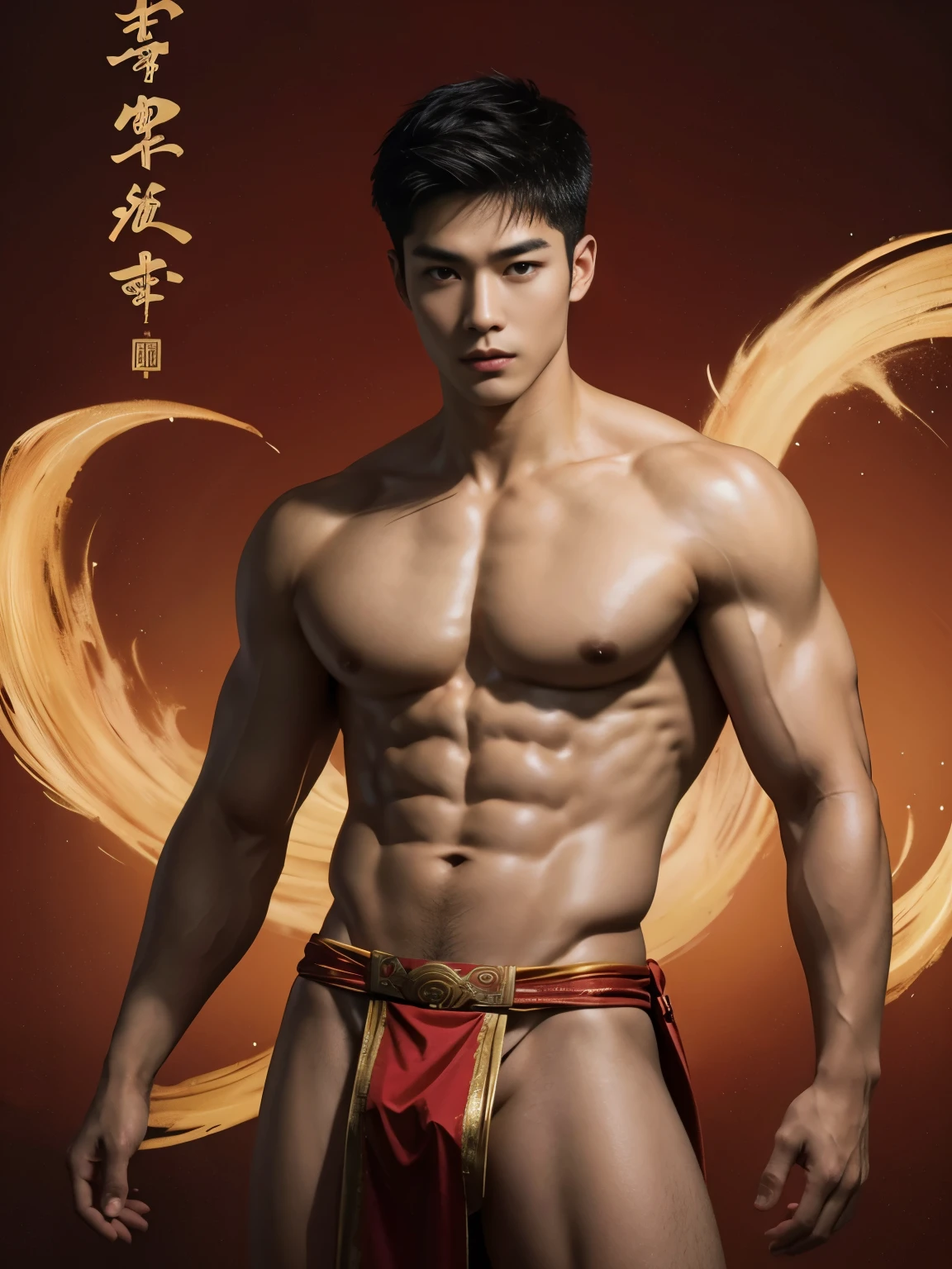 (photorealistic, masterpiece, best quality), handsome asian male, chinese man, young, slim athletic body, wearing only a loincloth, artistic and magical background, chinese mythology, lunar new year inspired, reds and golds, fantasy art,