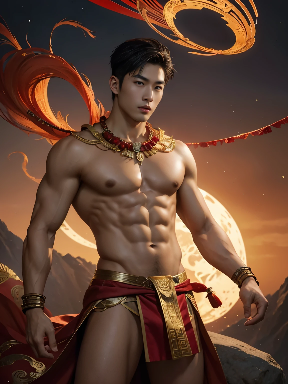 (photorealistic, masterpiece, best quality), handsome asian male, chinese man, young, slim athletic body, wearing only a loincloth, artistic and magical background, chinese mythology, lunar new year inspired, reds and golds, fantasy art,