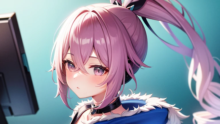 One girl、drill ponytail、PastelColors、Cute、blush, hoodie, listening music, earphone