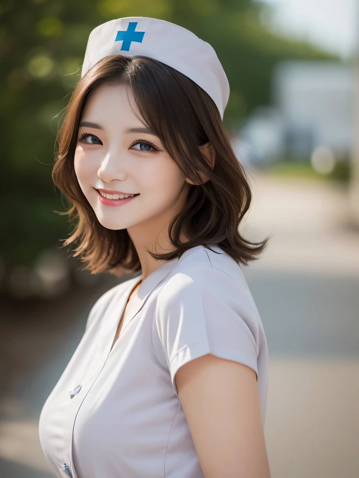 ((highest quality)), (very beautiful face, beautiful lips), Photoreal, finely, High resolution, (8k wallpaper), perfect dynamic composition, Medium short wavy hair, random sexy pose、big and full breasts、big smile、Moyamoya feeling、light makeup、nature、25 years old、(droopy eyes 1.3)、beauty、 ((nurse)), nurse cap,