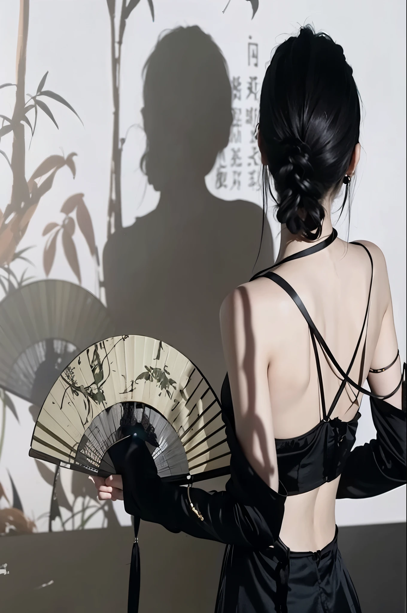there is a woman in a black dress holding a fan, inspirado em Zhang Xuan, inspirado por Chen Yifei, inspirado em Qian Xuan, inspirado por Tang Yifen, inspirado em Xie Sun, inspirado em Fei Danxu, inspirado em Xia Shuwen, inspirado em Qian Gu, Inspirado por Huang Ji, inspirado por Ren Xiong