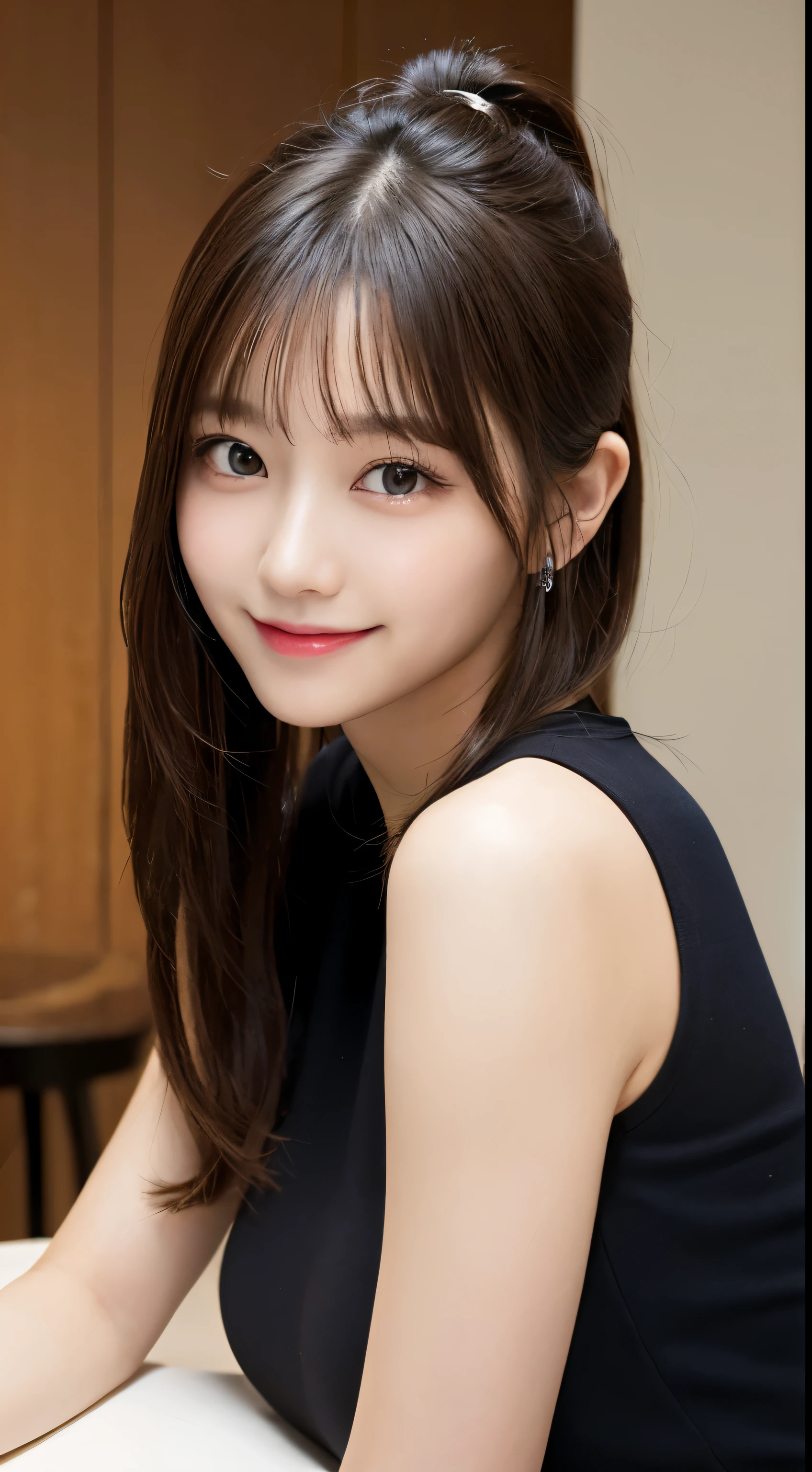 table top, highest quality, shape, Super detailed, finely, High resolution, 8k wallpaper, 完璧なダイナミックな構shape, beautiful and detailed eyes, Trendy Women's Winter Fashion,ponytail,small breasts natural color lip, sexy pose,smile,Harajuku、20 year old girl、sexy look for the camera
