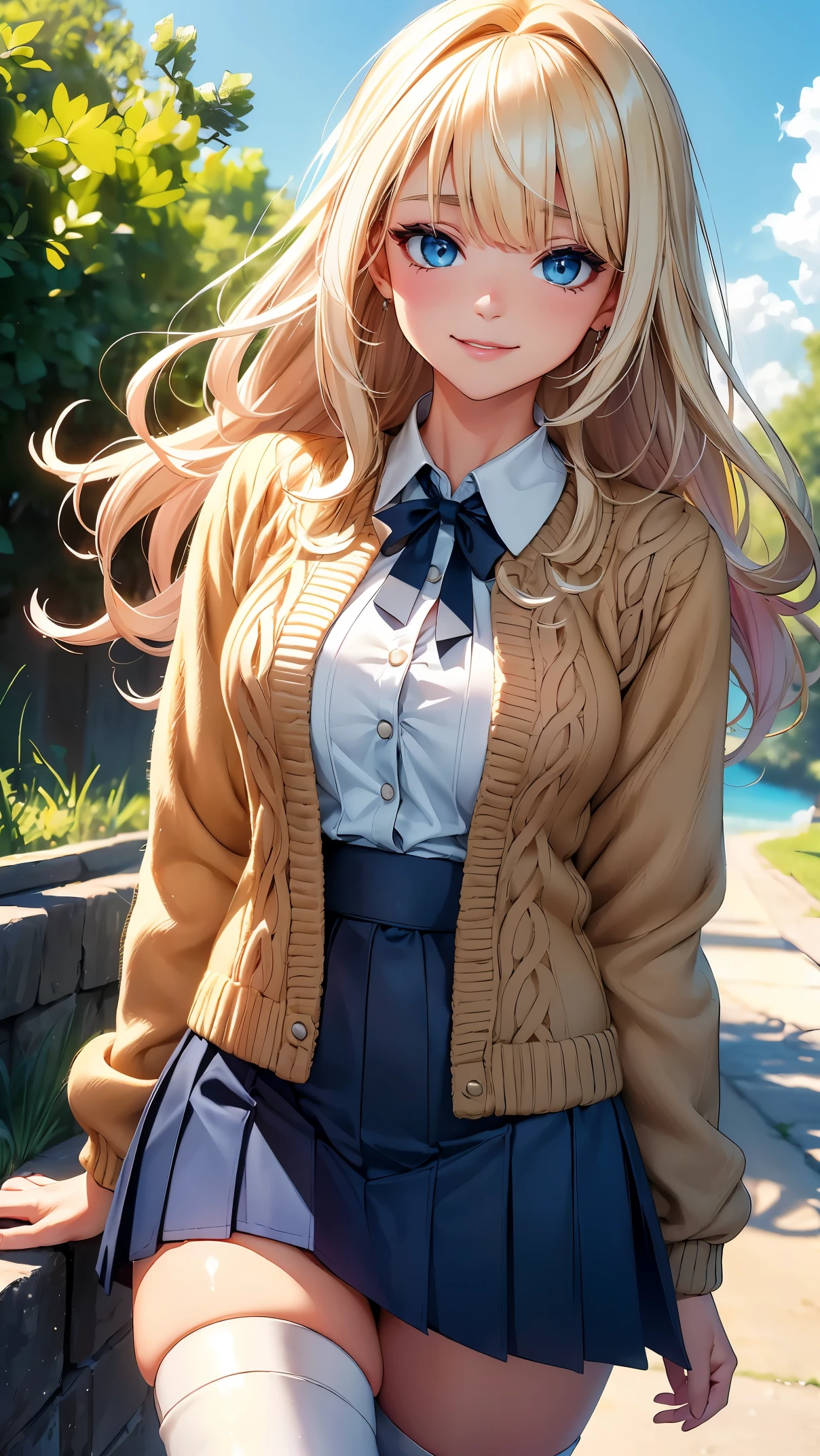 (8K, RAW photo, 最high quality, masterpiece: 1.2), High-definition RAW color photo, Professional photo shoot, cinematic light, alone, (((young woman, gal))), (Sharp features), (small face), (high detail skin: 1.2), clavicle, cute face, beautiful appearance,long eyelashes, (rainbow hair, blue eyes), (beautiful breasts:1.5), (camel toe details), spread your legs, I lean back with pleasure, pussyが気持ち良い, ((very detailed女性器, pussy)), (thin:1.4), very detailed顔と肌の質感, detailed eyes, double eyelids, look sideways, Place your hands behind your body, camel toe, ((blonde, long bangs on one side, asymmetrical bangs, One eye hides, wavy hair)), thinボディ, ((open your mouth and smile:1.2)), big breasts, normal hip joint, blue eyes, cowboy shot, (((white fluffy outerwear:1.5, Black knitwear, Dark blue skirt, Seductive thighs, white boots))), I enjoy dating, beautiful sunny day, greenery surrounding them, Leaves rustling in the wind, breeze, wood々The sparkling sunlight shines through, Freedom and adventure on the open road, Bright colors, blissful companionship, Unforgettable memories, Composition that emphasizes the beauty of the girl, staring eyes, beautiful skin, shiny skin, perfect fingers, five fingers, anatomically correct, background bokeh, high quality, surreal, bright colors, ((very detailed, photo shoot)),