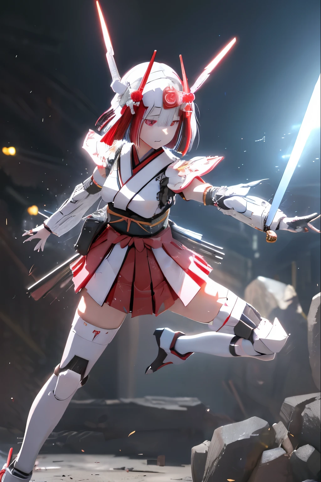 (highest quality)), ((masterpiece)), (very detailed: 1.3), 3D, {(japanese young girl)}, white theme, japanese girl wear shrine maiden anime costume, wears a futuristic Gundam mecha,(Gundam), with headgear, with v-fin , armored shoulders,armored under arms, armored under legs, (ware a scarlet hakama:1.2), multilayer textureperfect proportions, octane rendering, duotone lighting, Low ISO, wide aperture, White balance, Rule of thirds, ultra HD16k, HDR (High Dynamic Range), Ray Tracing, NVIDIA RTX, Super Resolution, Subsurface Scattering, PBR Texturing, Post Processing, Anisotropic Filtering, Depth of Field, Maximum Clarity and Clarity, High efficiency subpixel, subpixel convolution, particles of light, light scattered, Tyndall effect, full body:1.5, battle pose, cute, (cute:1.2), (bob cut:1.3),三つ編み, 黒髪, 太い眉毛, 薄い色の虹彩, 大きくて輝いている黒い瞳, 長いまつげ, 小さく薄い色の自然な唇, (Average face of Japanese idols), (日本人特有の童顔:1.3), (), 広いおでこ:1.2, ふっくらした頬, 小さな顎, visible side boob, (holding a shining Japanese sword:1.5), broken streets, Broken City, looking at viewer,Focus on the eyes