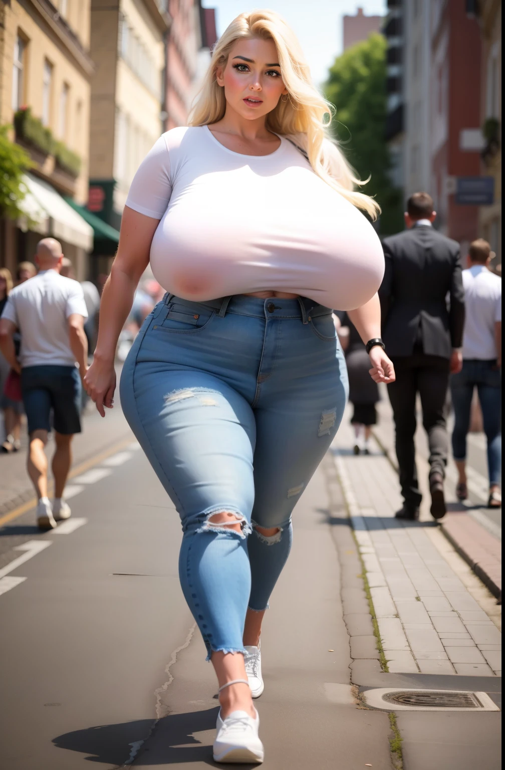 Meisterwerk, best quality, huge heavy breasts, low hanging breasts, White shirt, enge Jeanshose, Langes, welliges Haar, on foot through the city center, neben einem gutaussehenden Mann, mit ihm sprechen, Weitwinkelaufnahme, Full body shot, Full person view, Sommerzeit,