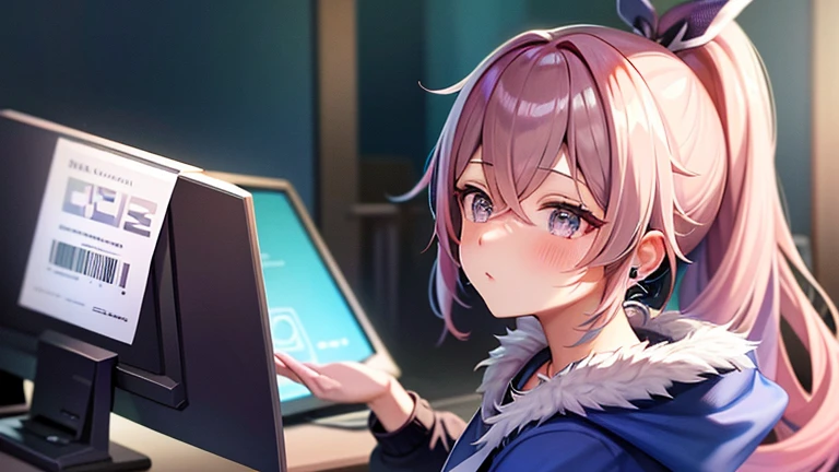 One girl、drill ponytail、PastelColors、Cute、blush, hoodie, playing games, earphone