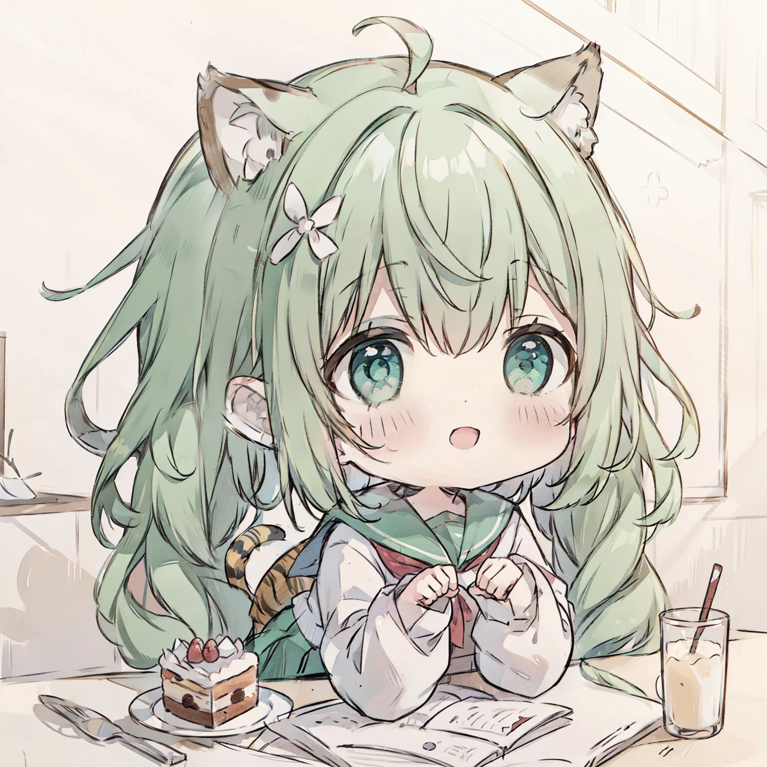 ((chibi:1.4)), (masterpiece), (best quality), high resolution, ultra detail, photorealistic, 8K, intricate face, detailed body, detailed face, cute
BREAK 
1 girl, (long wavy hair, green hair, big red eyes, tiger ears, tiger tail)
BREAK 
school girls, wearing school sailor uniform, white shirt, pleated skirt, smile, open mouth, (Holding a cake both hands:1.3), classroom