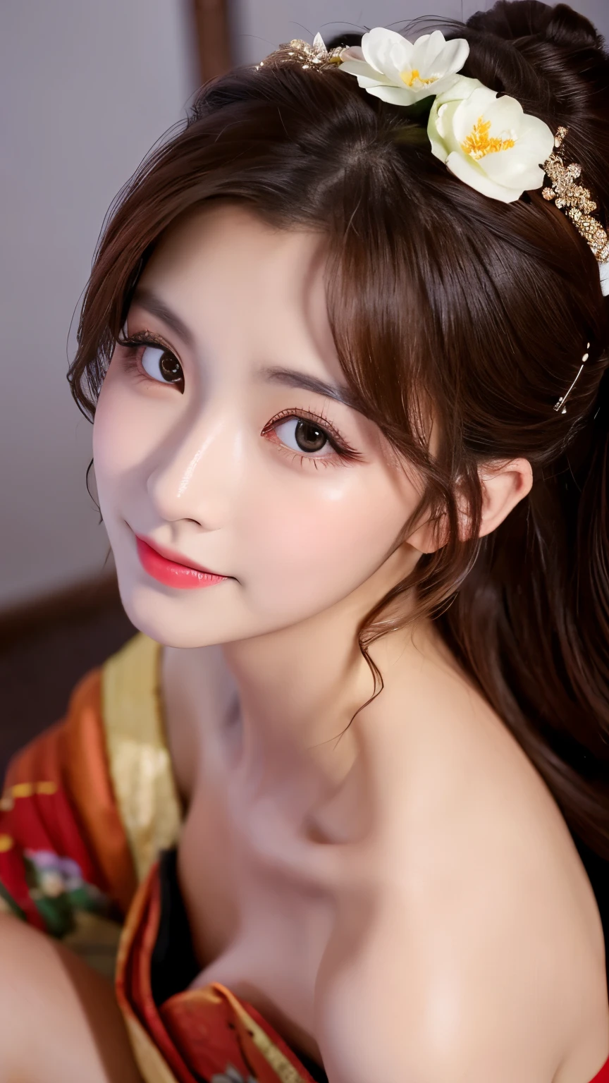 (best quality, ultra-high resolution, real, photorealistic:1.2, 8K), BREAK, an Oiran, (upper shot:1.3), BREAK, detailed hair, brown hair, hyper detailed face, hyper detailed skin, white skin, brown eyes, blushing cheeks, detailed red lips, smile, drunk, BREAK, detailed clothings, (Courtesan's attire:1.5, gorgeous flower hairpin:1.2), BREAK, (Geisha district:1.4,), BREAK, (looking at the viewer:1.1)