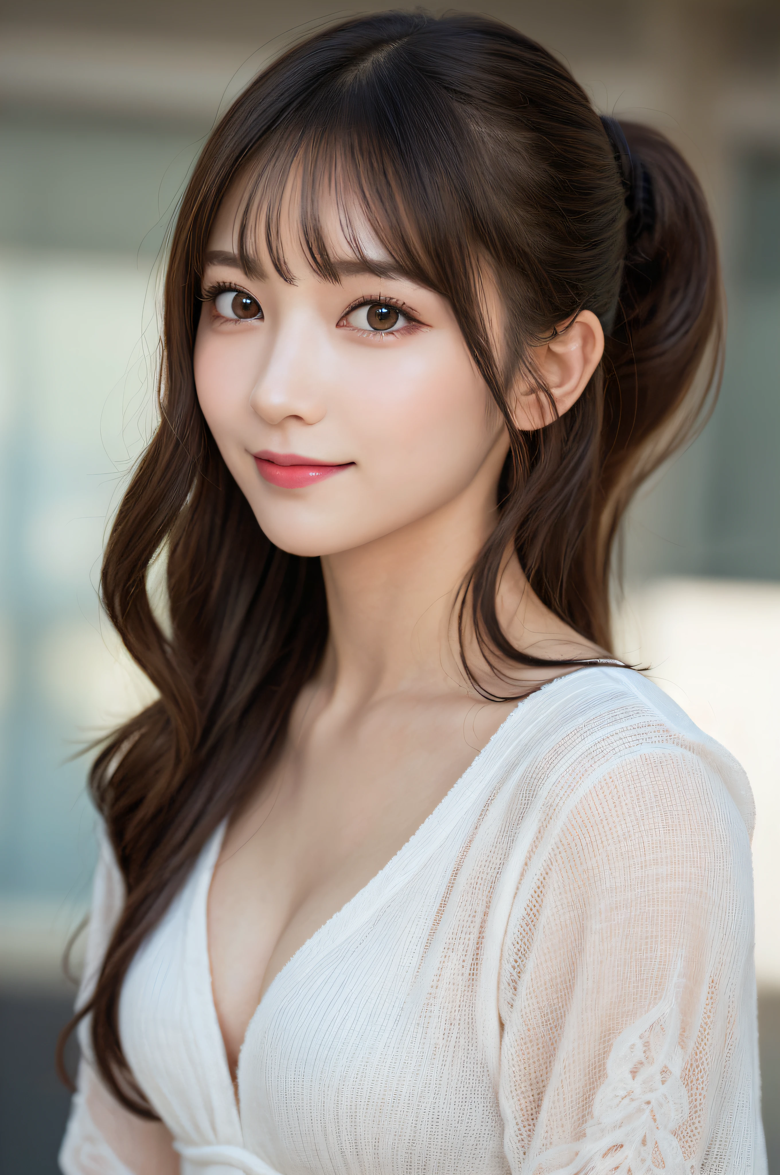 masutepiece, Best Quality, Illustration, Ultra-detailed, finely detail, hight resolution, 8K Wallpaper, Perfect dynamic composition, Beautiful detailed eyes, Women's Fashion Summer,Ponytail hair,Small breasts natural color lip, Bold sexy poses,Smile,Harajuku、20 years girl、Cute、Sexy shot looking at camera