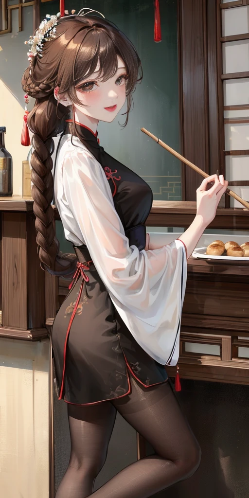 masterpiece, best quality, Married woman， aldult, Chinese style, China, elder sister,  Smile, brown hair, princess cut, Single fried dough stick braid，Pantyhose，Full of motherhood，Chinese style婚礼，Pure desire，blushing，dignified yet lively，Mother，bring