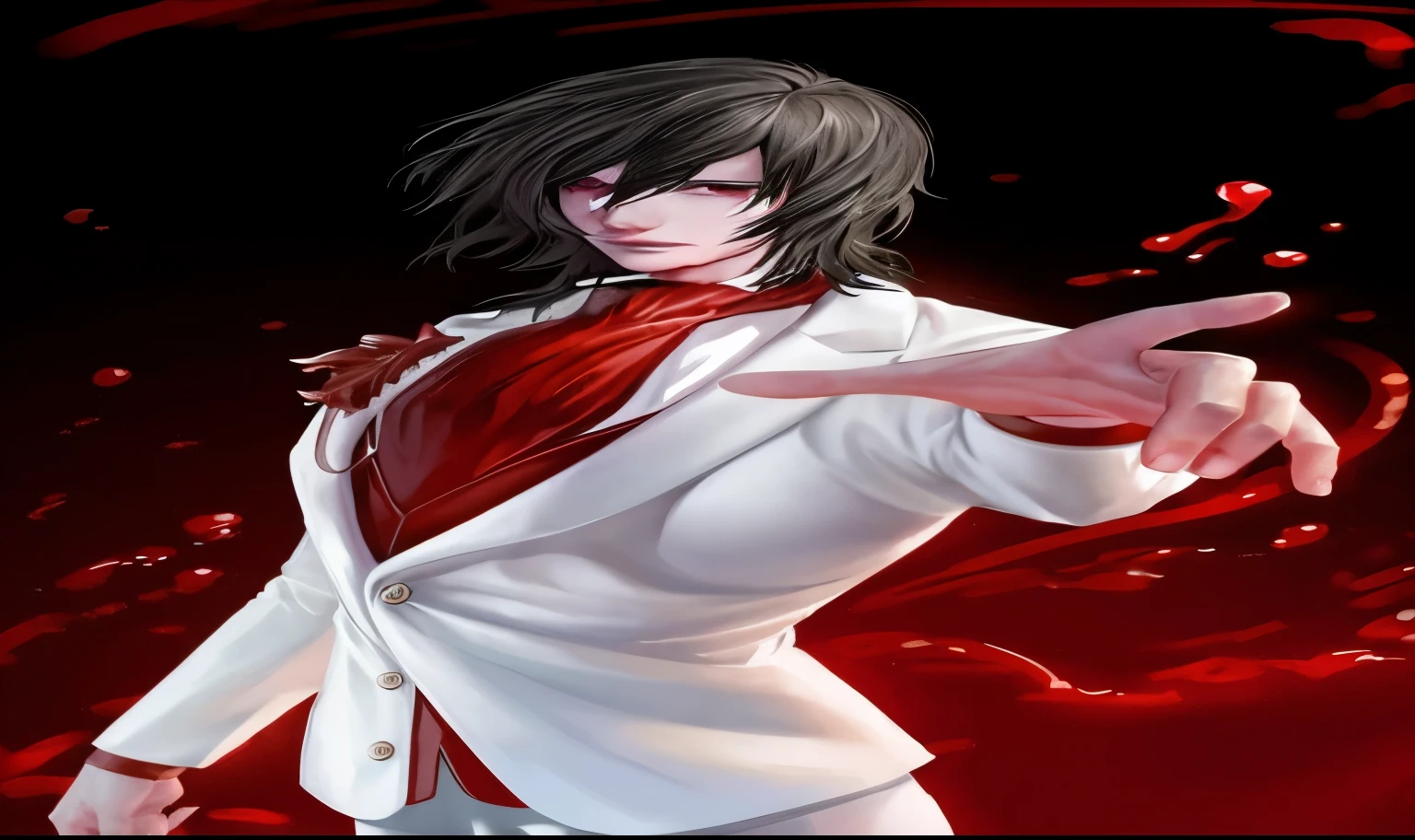 ((super realistic)) - style image of a man in a white suit with red blood, l vampire, alucard, yandere, gapmoe yandere, sebastian michaelis, male vampire, [[blood]], handsome male vampire, bloody + concept art, gapmoe yandere grimdark, handsome japanese demon boy, vampire lord, with red glowing eyes, jeff the killer