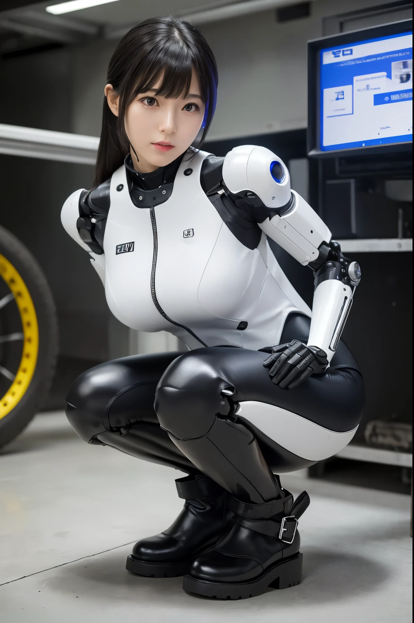 (photorealistic:1.4), (RAW photo)masterpiece, best quality, extremely detailed, (8K, 4K, Best Quality, hight resolution, 超A high resolution:1.1), (masutepiece, Realistic, Photorealsitic:1.1),,1woman, Japanese android woman,Plump , a bit chubby,White boots,announcer,control panels,activate,Squat,android,droid,Mechanical Hand,medium breasts⁩,clothes with a sense of mechanical technology, Robot arms and legs, Black Robot Parts,black hair,dark black leggings,black sponge joints,blunt bangs,ceramic body,leather boots