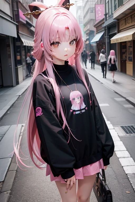Bad girl、Black jumper、Pink mini skirt、Odango Hair、Pink hair、full body Esbian、masuter piece:1.2、top-quality)、(Live action、Intricate details)、(1lady、独奏、The upper part of the body、) garments: Edgy、Black jumper、Pink mini skirt、Avant-garde、Experimental appearance: Long pink hair、BEReaction: Runaway Ladies Leader、secretary-general、Black jumper、Pink mini skirt、 The location: bustling city、Create mixed media art、 values: individuality、authenticity、Creative Expression In