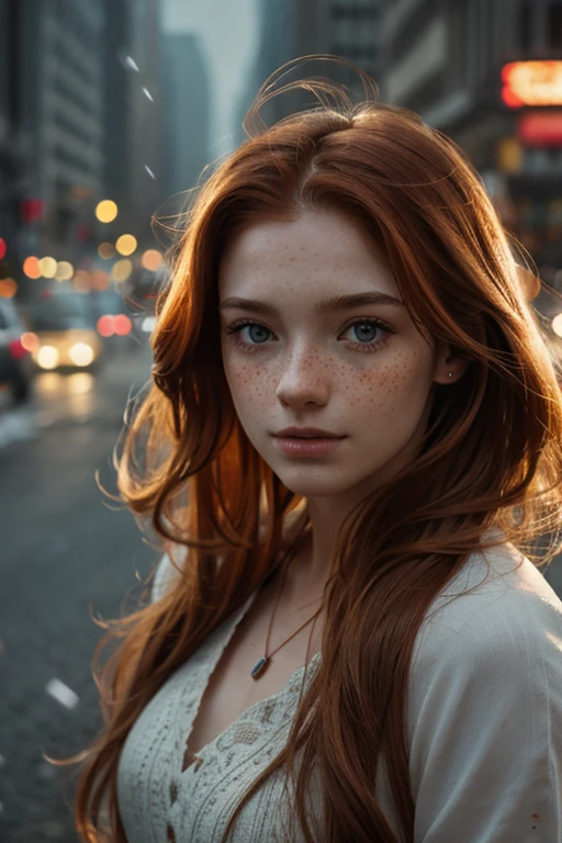 Realistic photography, closeup of beautiful woman with freckles and , head shot , 25yo, focus on eyes, 50 mm f1.4, ginger hair in wind, hdr masterpiece,dramatic lighting, epic, cyber dress, flower in hair, light snowing, post apocalyptic city, epic necklace