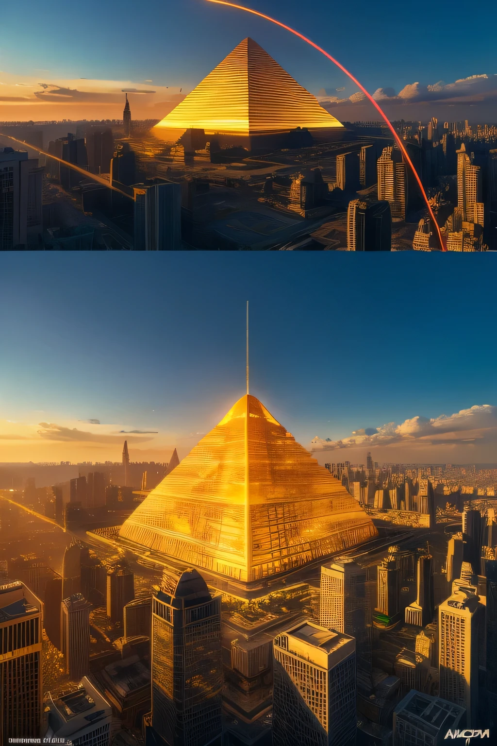 The futuristic background of the golden glass pyramid with laser beam is、To a surreal city lined with huge skyscrapers. 4K background super resolution、Aspect ratio is 16:9.Golden pyramid, masterpiece, anatomically correct, Super detailed, high quality, 最high quality, 8K, 16k, advanced details