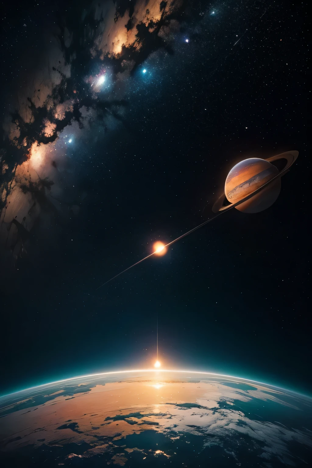 Illustrate a celestial symphony where stars and planets emit radiant colors, turning the silent emptiness of space into a breathtaking visual orchestra