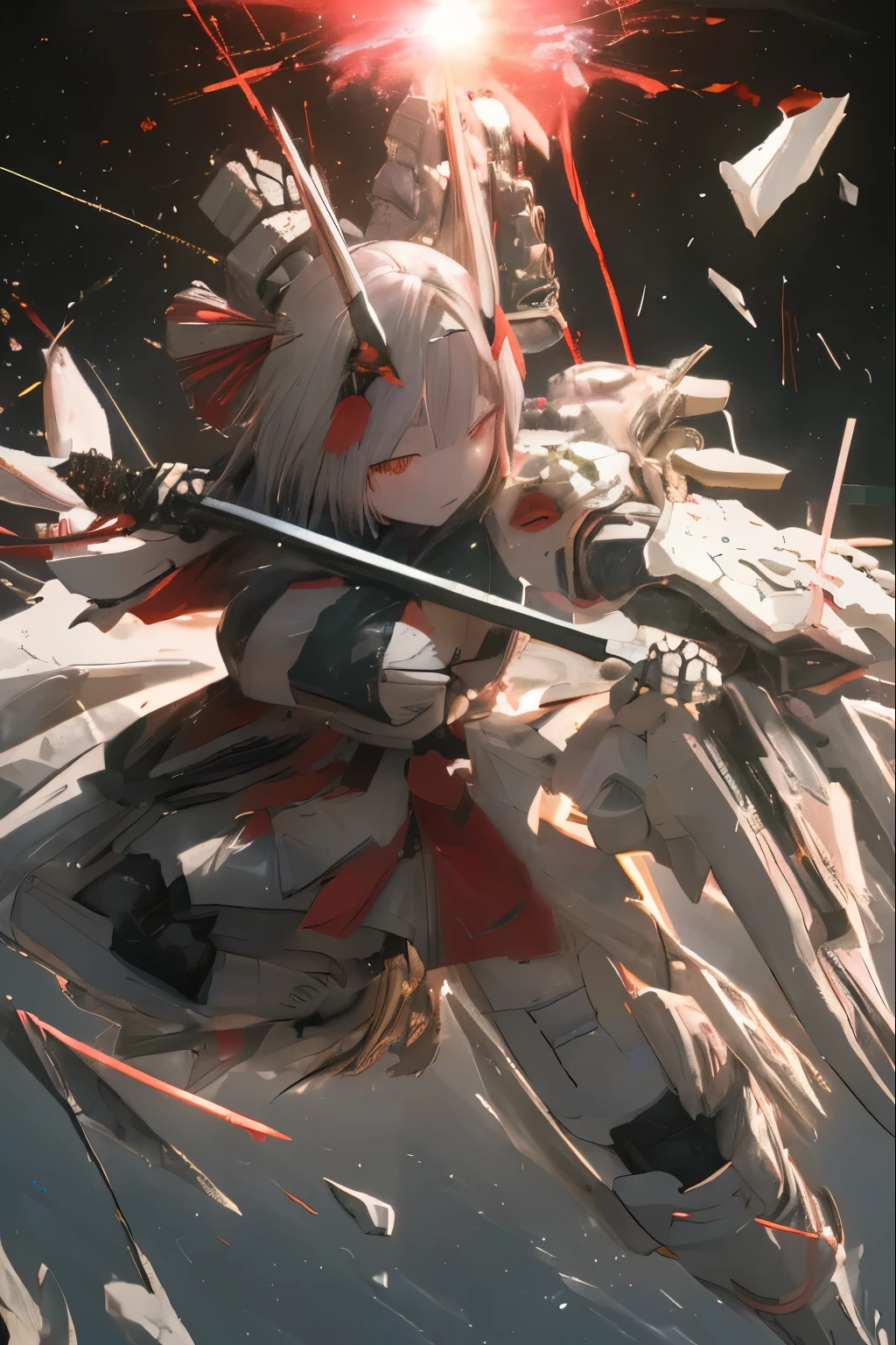 (highest quality)), ((masterpiece)), (very detailed: 1.3), 3D, {(japanese young girl)}, white theme, japanese girl wear shrine maiden anime costume, wears a futuristic Gundam mecha,(Gundam), with headgear, with v-fin , armored shoulders,armored under arms, armored under legs, (ware a scarlet hakama:1.2), multilayer textureperfect proportions, octane rendering, duotone lighting, Low ISO, wide aperture, White balance, Rule of thirds, ultra HD16k, HDR (High Dynamic Range), Ray Tracing, NVIDIA RTX, Super Resolution, Subsurface Scattering, PBR Texturing, Post Processing, Anisotropic Filtering, Depth of Field, Maximum Clarity and Clarity, High efficiency subpixel, subpixel convolution, particles of light, light scattered, Tyndall effect, full body:1.5, battle pose, cute, (cute:1.2), (bob cut:1.3),三つ編み, 黒髪, 太い眉毛, 薄い色の虹彩, 大きくて輝いている黒い瞳, 長いまつげ, 小さく薄い色の自然な唇, (Average face of Japanese idols), (日本人特有の童顔:1.3), (baby face), 広いおでこ:1.2, ふっくらした頬, 小さな顎, visible side boob, (holding a shining Japanese sword:1.5), broken streets, Broken City, looking at viewer,Focus on the eyes