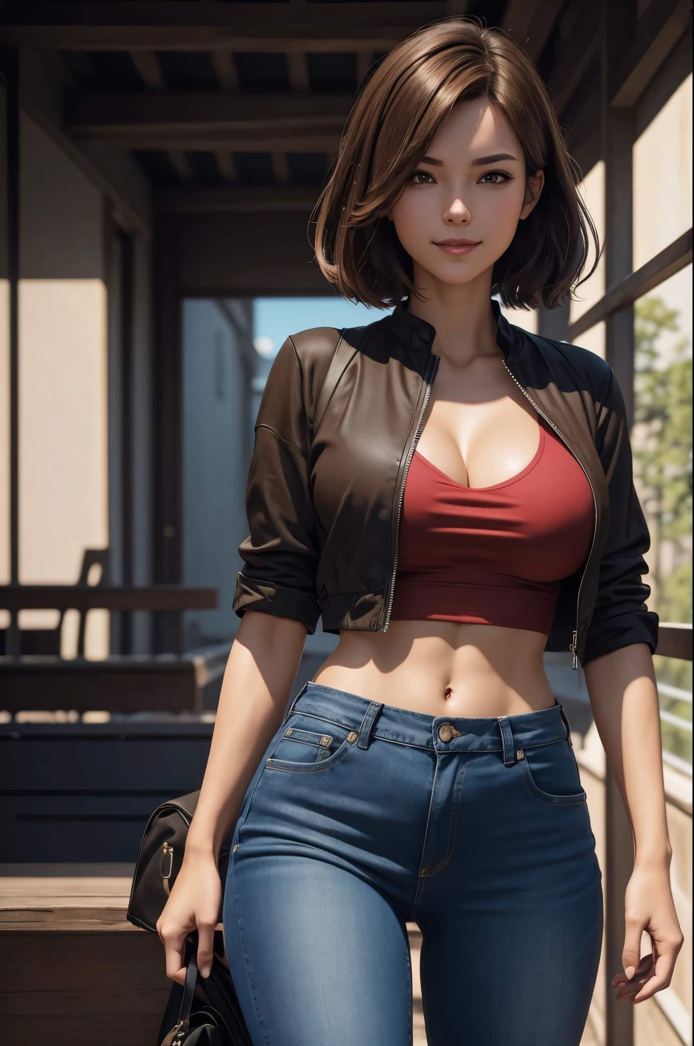 8K,Light Brown Hair Shortcut Hair,Super beautifulな日本の女性, big and full breasts,big smile,Super beautiful(Like the real thing)black and red casual wear,black jeans,Sexy,deviantart artstation cgscosiety, 3Dレンダリングcharacter art8 K, Alena Aenami and Artgerm, Wojtek Füss, trending on Artstation 8k, trending on artstation hd, Adventure hyper realistic rendering, Perfect body with realistic shading, photorealistic perfect body, Ultra - High resolution,Super high resolution,surreal,fantasy art,character art,high quality,Sexy,Brown-haired shorthair,strongly cracked abdominal muscles,muscular slim body,muscular slender lower body,field,