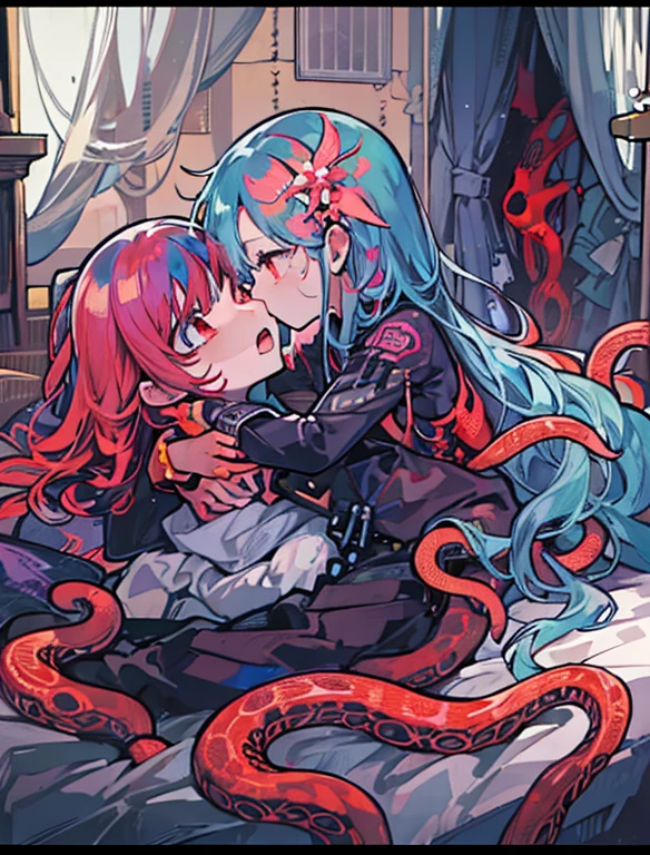 Gura gawr and Naruko getting fucked by a tentacle monster while kissing