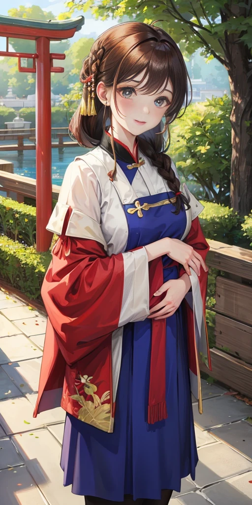 masterpiece, best quality, Married woman,pregnancy, aldult, Chinese style, China, elder sister, Smile, brown hair, princess cut, Single fried dough stick braid,Pantyhose,Full of motherhood,Chinese style婚礼服,Pure desire,blushing,dignified yet lively,Mother,The hand caressed the belly