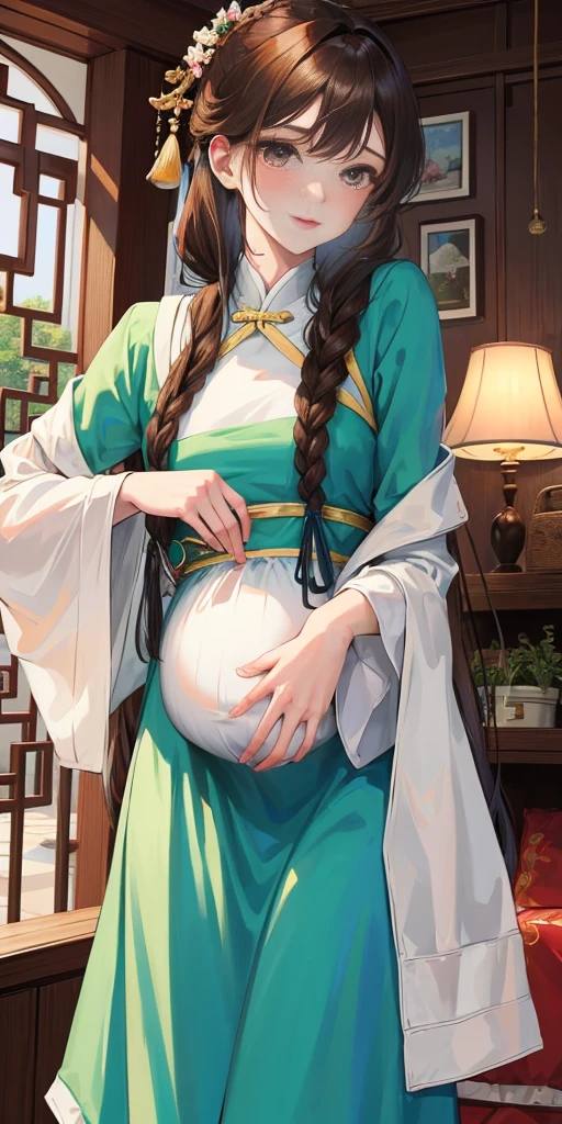 masterpiece, best quality, Married woman,pregnancy, aldult, Chinese style, China, elder sister, Smile, brown hair, princess cut, Single fried dough stick braid,Pantyhose,Full of motherhood,Chinese style婚礼服,Pure desire,blushing,dignified yet lively,Mother,The hand caressed the belly