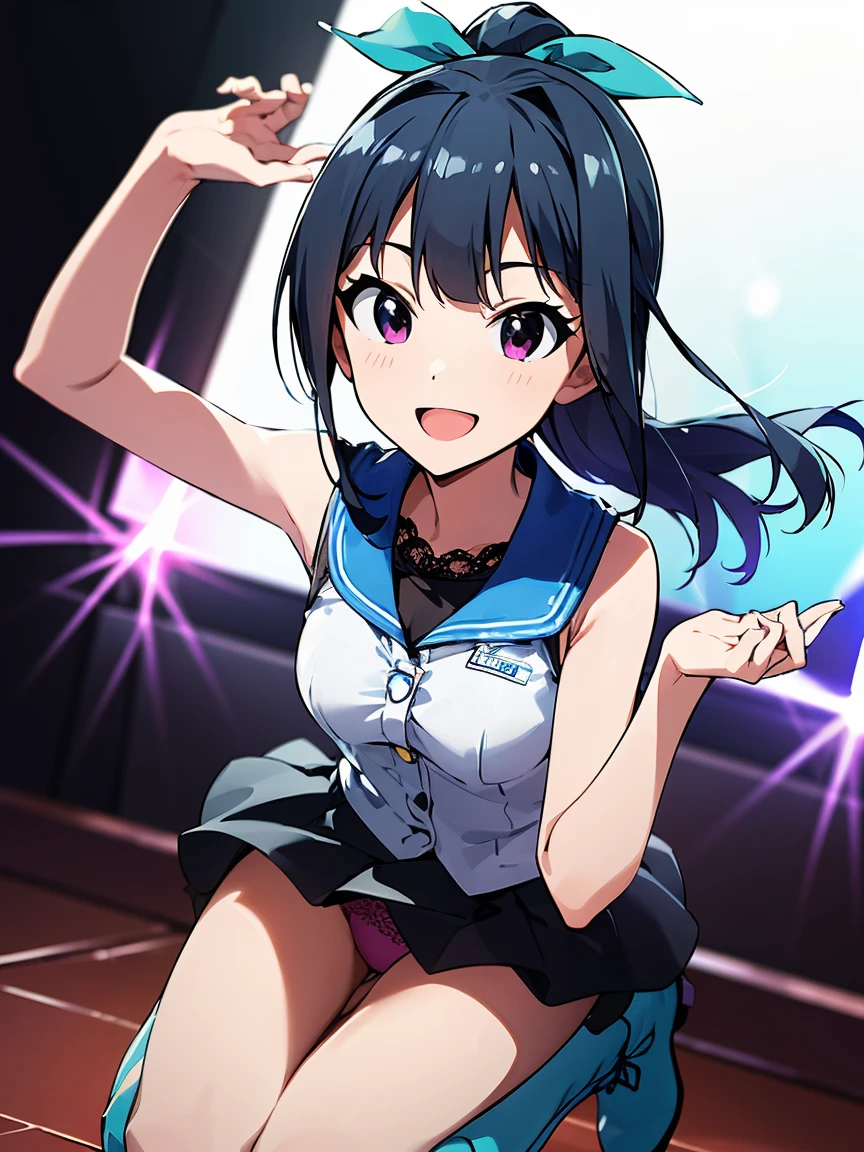 MIZUNOFUUKA, BLUE HAIR, BLACK HAIR, PONYTAIL, SCRUNCHIE, HAIR ORNAMENT, LONG HAIR, RED EYES,,15years old,  large breasts,, Live Stage, solo, nsfw, naked, Peeing, lactation, projectile lactation,  , Sweating profusely, Love juice, Wet Woman,  female ,