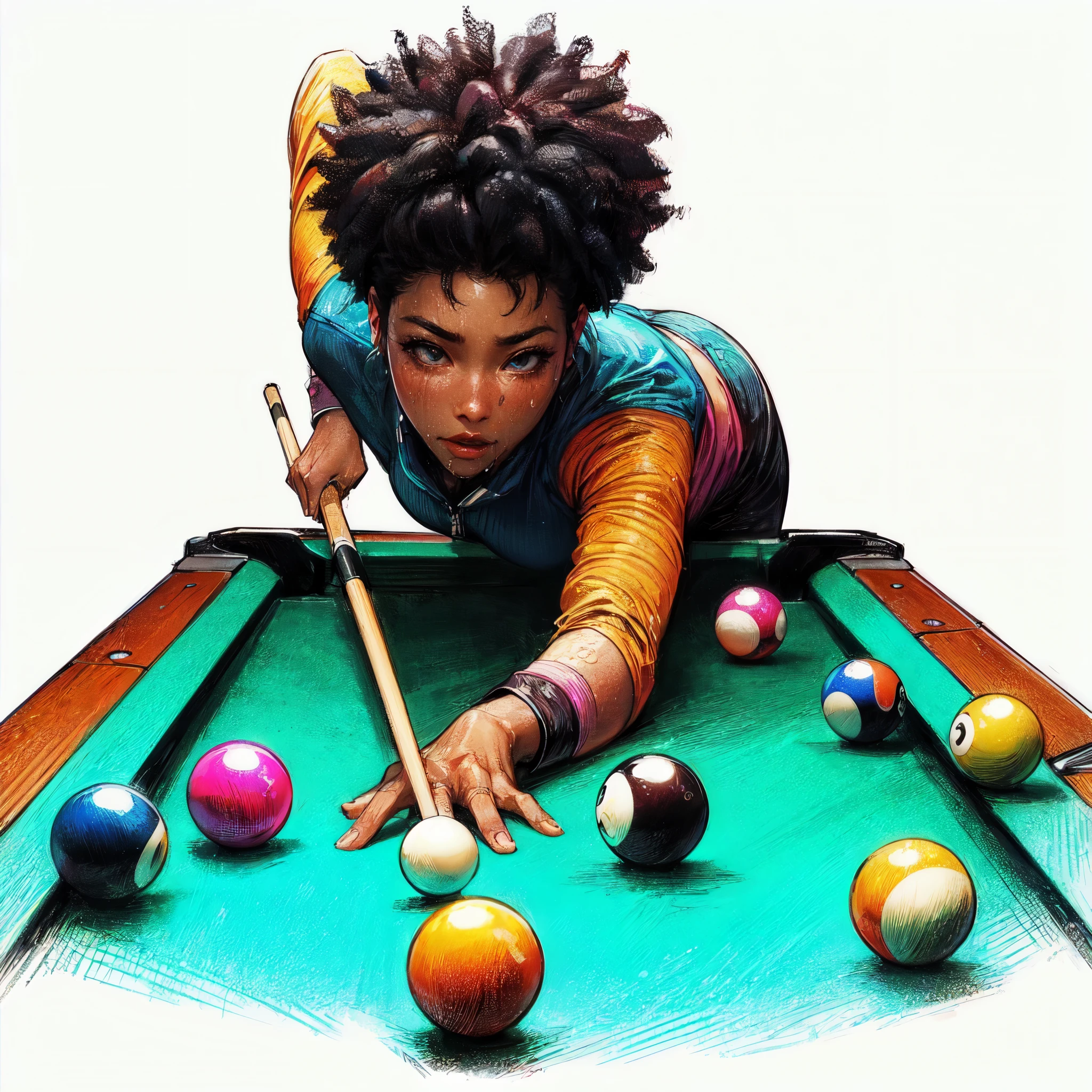 high quality,hd,16k,sharp line,1girl,female billiard athlete ,cute face, large breasts, trained abs, nice legs, sweat,in billiard venue,focus girl,detailed beautiful face,detailed clothes,beautiful eyes,pretty,dynamic angle