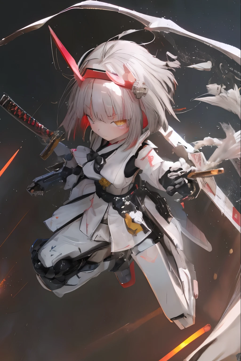 (highest quality)), ((masterpiece)), (very detailed: 1.3), 3D, {(japanese young girl)}, white theme, japanese girl wear shrine maiden anime costume, wears a futuristic Gundam mecha,(Gundam), with headgear, with v-fin , armored shoulders,armored under arms, armored under legs, (ware a scarlet hakama:1.2), multilayer textureperfect proportions, octane rendering, duotone lighting, Low ISO, wide aperture, White balance, Rule of thirds, ultra HD16k, HDR (High Dynamic Range), Ray Tracing, NVIDIA RTX, Super Resolution, Subsurface Scattering, PBR Texturing, Post Processing, Anisotropic Filtering, Depth of Field, Maximum Clarity and Clarity, High efficiency subpixel, subpixel convolution, particles of light, light scattered, Tyndall effect, full body:1.5, battle pose, cute, (cute:1.2), (bob cut:1.3),三つ編み, 黒髪, 太い眉毛, 薄い色の虹彩, 大きくて輝いている黒い瞳, 長いまつげ, 小さく薄い色の自然な唇, (Average face of Japanese idols), (日本人特有の童顔:1.3), (baby face), 広いおでこ:1.2, ふっくらした頬, 小さな顎, visible side boob, (holding a shining Japanese sword:1.5), broken streets, Broken City, looking at viewer,Focus on the eyes