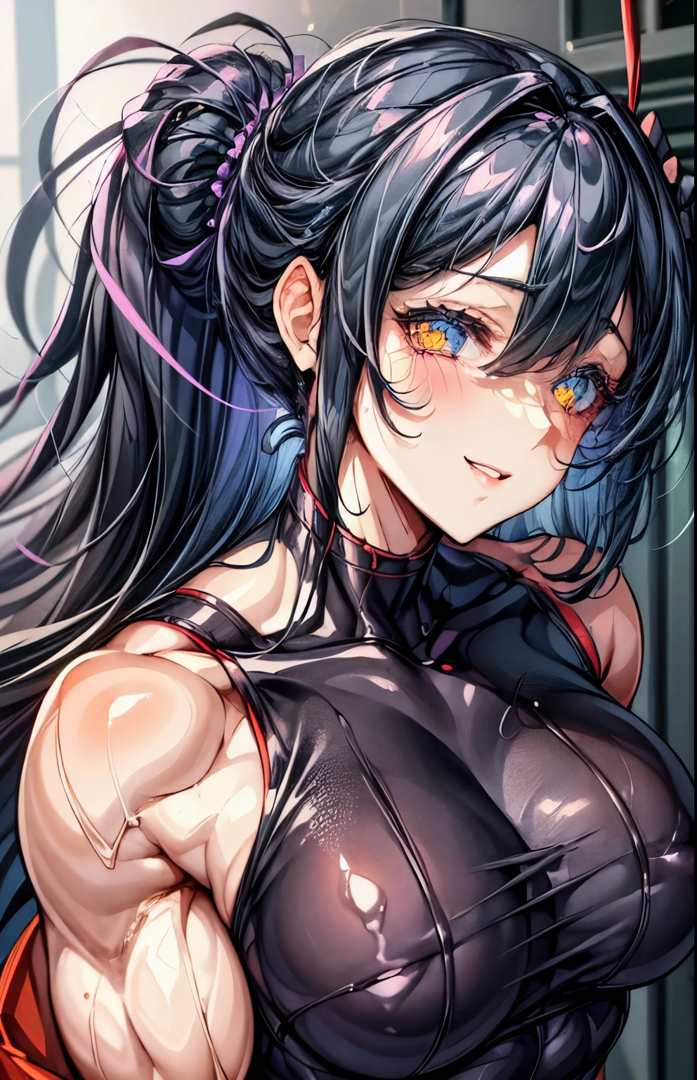 (best lighting) , (Extremely complex and detailed) , 4K unified, (Super detailed CG: 1.2) , (8k: 1.2),(original), (masterpiece) , (best quality),(masterpiece:1.4),Anime-like high quality,(masterpiece),masterpiece, Super clear picture quality，Bili&#39;s face is clearer）best quality, long hair，ponytail.Ridiculous Easter Peace, 4K, 8k, Yes, high resolution))1 girl, sportswoman，Smile，披肩long hair，Big smile on girl&#39;s face，Only the upper body of the girl is shown in the picture，Above the upper abdomen，Show right arm，Show the biceps，Bun-like biceps，Muscle layering(biceps separation:1.5)，Suprabiceps vein surging，Rock-hard biceps。Girl half face，Close-up of half side face and biceps