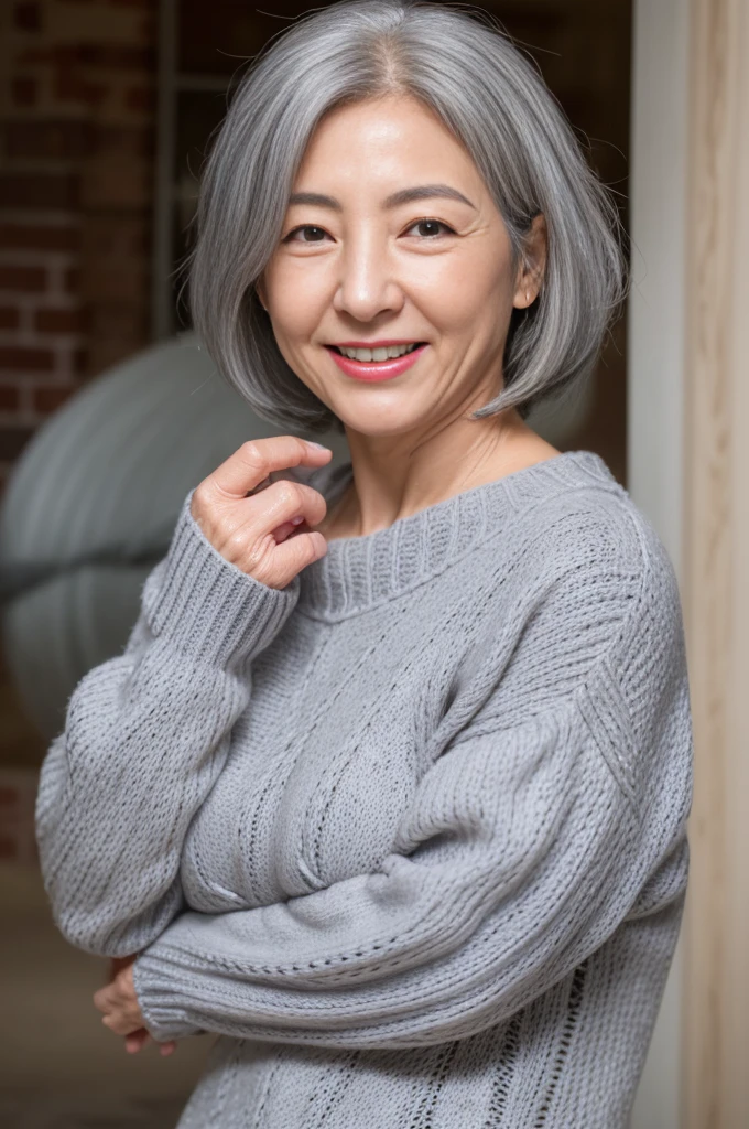 japanese mature, (alone), 60 years old, (wrinkles around the eyes:1.45), big breasts, mature woman, Glamour, Sexy, pure white skin, looking at the viewer、super big breasts、(((Gray hair)))、short hair、Red Cable knit sweater、Black leggings、high heels、smile、Public place、full body photo、