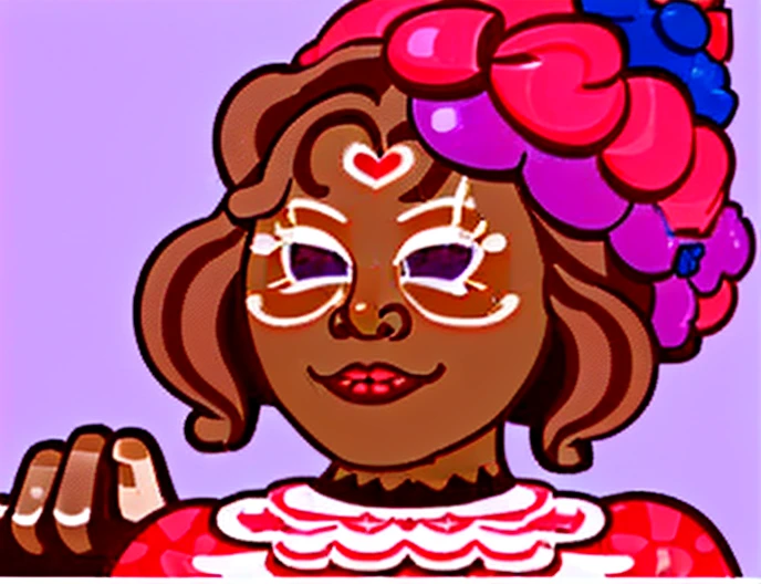Strawberry Muffin Cookie, Light Brown hair, huge muffins afro mohawk, beret, @ @, purple eyes, Surrealism, 8k, super detail, 1080P