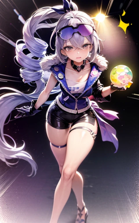 The image depicts an anime-style character with blue hair, a purple hooded outfit, a white cheer skirt, and a black choker. I have cat ears. The character has a smiling expression and is facing the viewer.