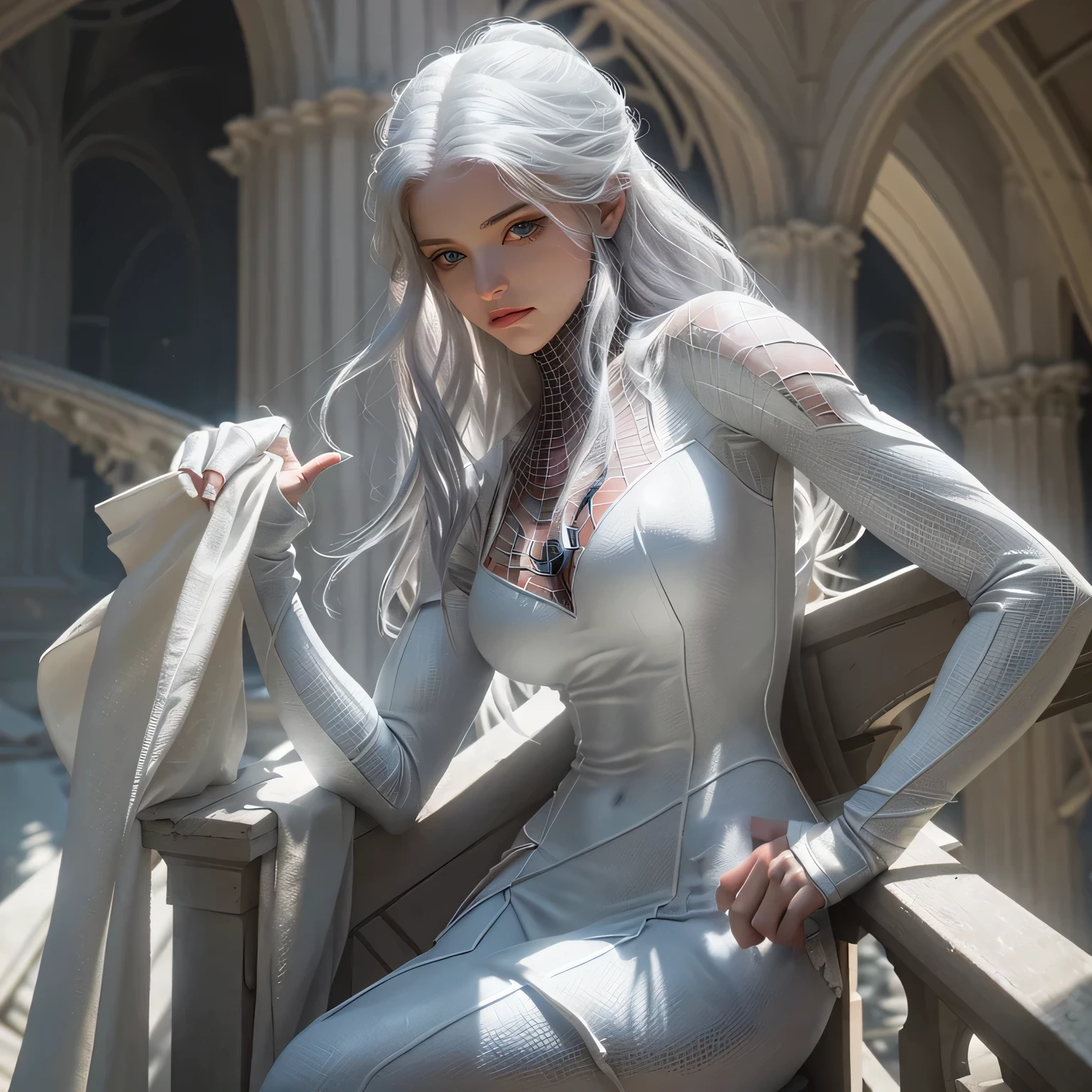 (Extreme Detail CG Unity 8K wallpaper, masterpiece, highest quality), (Exquisite lighting and shadow, highly dramatic picture, Cinematic lens effect), a beautiful girl in a white Spider-Man costume, white lingerie, silver gray hair color, long hair, from the Spider-Man parallel universe, Wenger, Marvel, Spider-Man, on the ancient tower, very beautiful face, dynamic pose), (excellent detail, excellent lighting, wide angle), (excellent rendego on ancient tower, enough to stand out in its clasocus on white Spider-Man costumes, complex spider textures