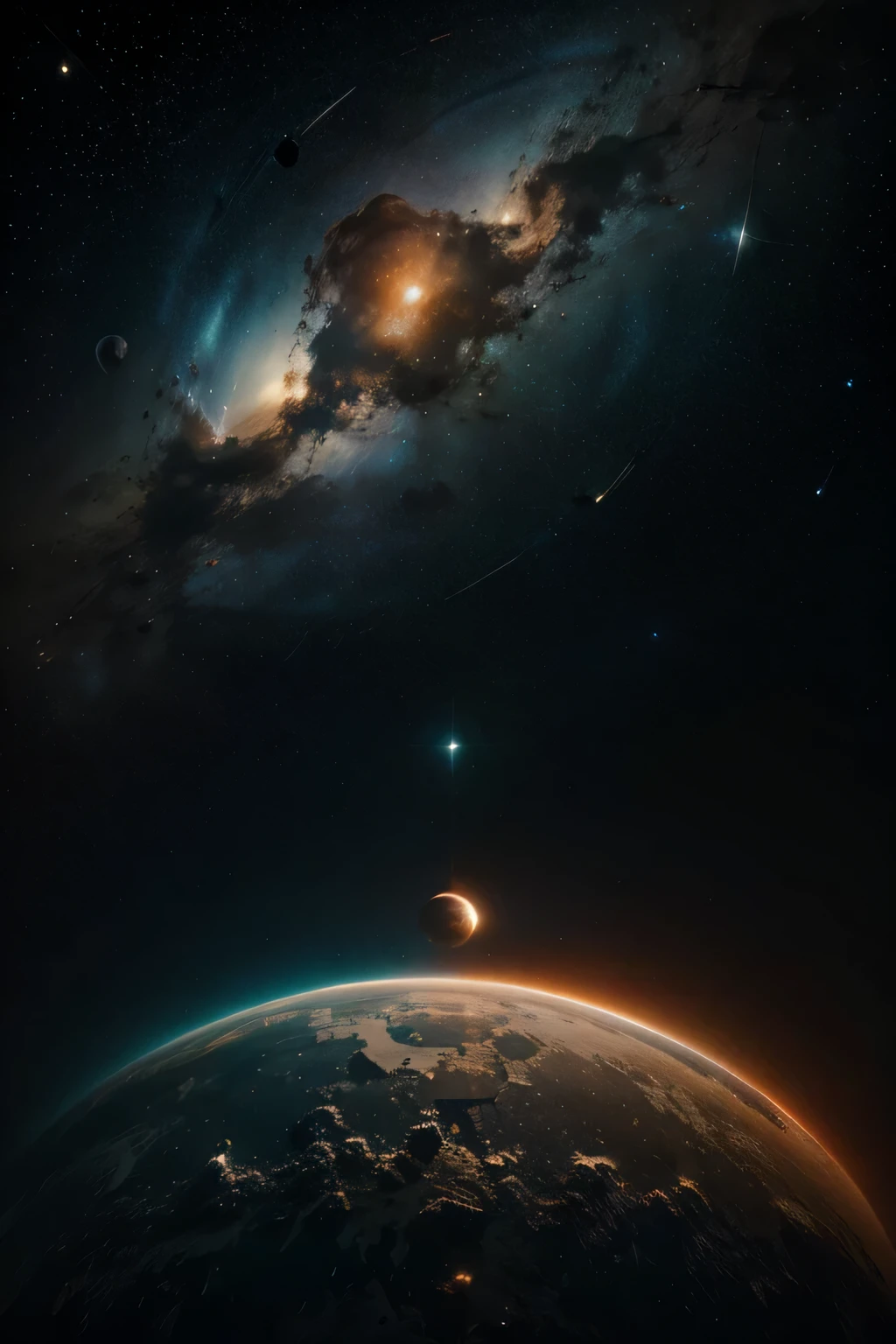 Illustrate a celestial symphony where stars and planets emit radiant colors, turning the silent emptiness of space into a breathtaking visual orchestra