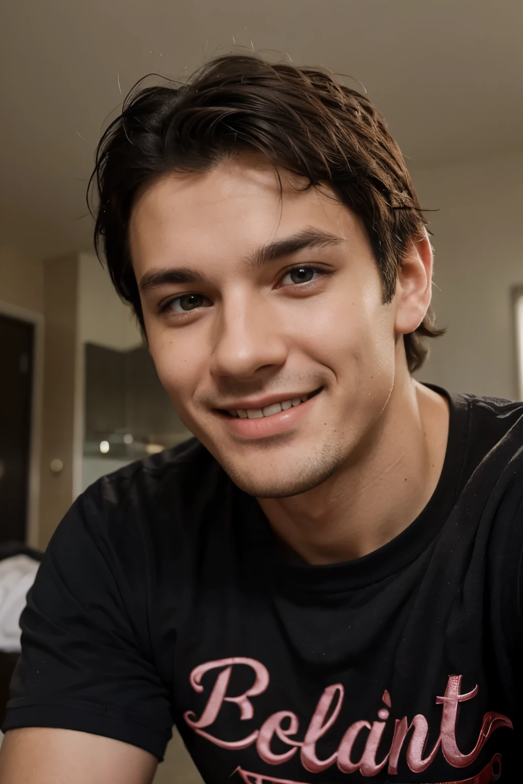 a young scottish man with black hair, He has a friendly and welcoming smile with light facial scruff. His eyes are bright, and he seems to be looking directly at the camera taking a selfie with a playful and engaging expression. The man's skin is fair, and the background is of music concert He is wearing what appears to be a dark-colored shirt, and overall, he gives off a relaxed and cheerful vibe.